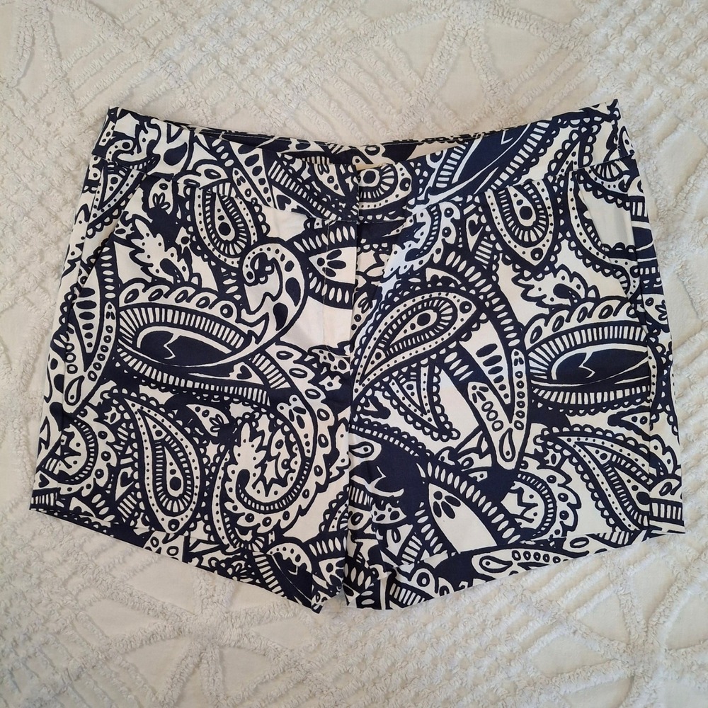 Kenji Anthropologie Sz 8 Shorts Womens Navy White Paisley Mid Rise Chino Cotton